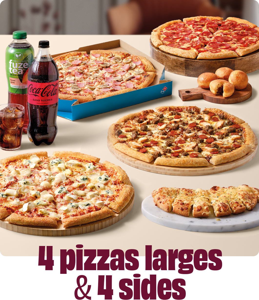 4 pizzas + 4 sides.